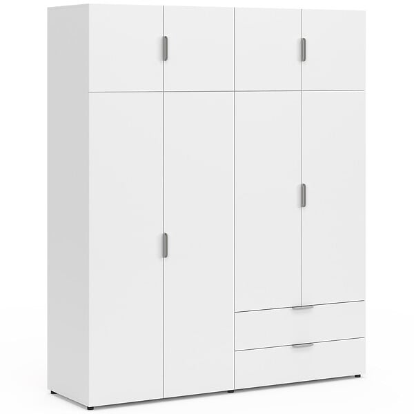 ID MARKET - Armoire 4 portes MINA blanc penderie 160 cm avec 2 rangements hauts et 2 tiroirs - large