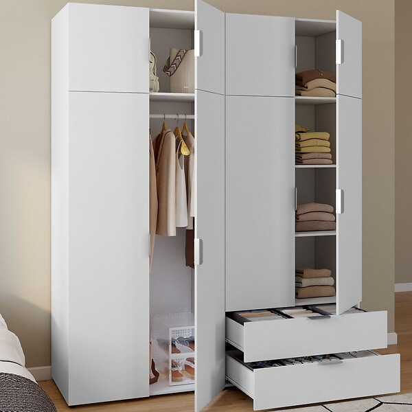 ID MARKET - Armoire 4 portes MINA blanc penderie 160 cm avec 2 rangements hauts et 2 tiroirs - large