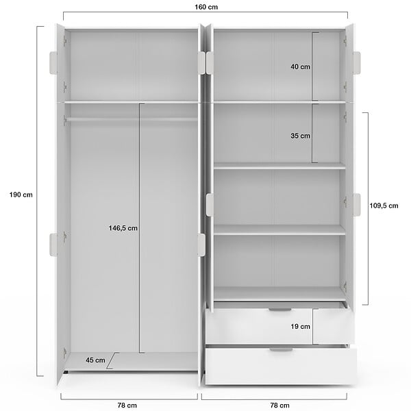 ID MARKET - Armoire 4 portes MINA blanc penderie 160 cm avec 2 rangements hauts et 2 tiroirs - large