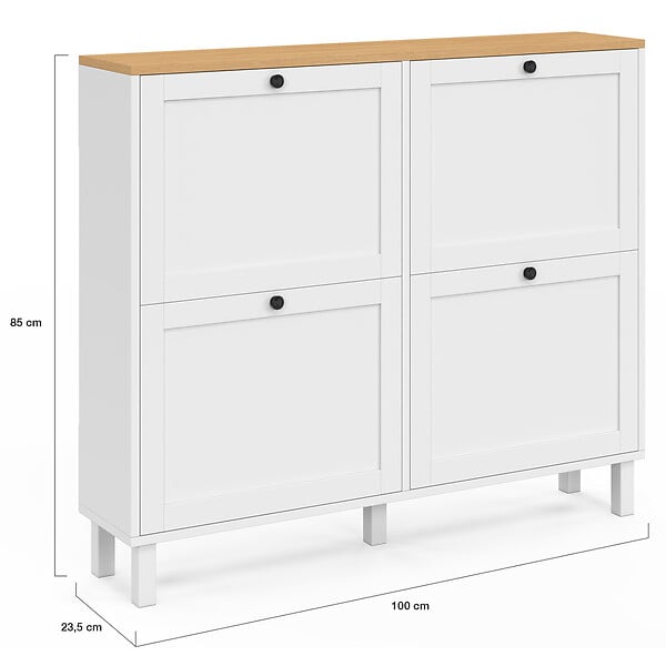 ID MARKET - Meuble à chaussures 20 paires ACHILLE 4 portes blanc et plateau bois - large