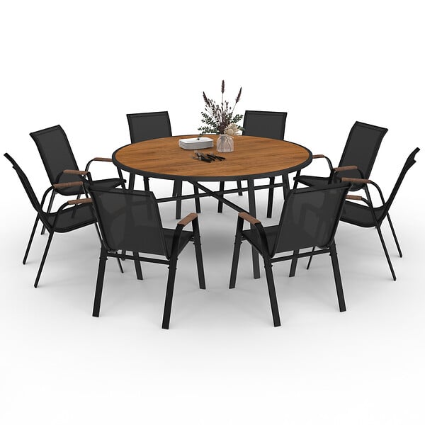 ID MARKET - Salon de jardin NOUMEA table ronde 150 cm plateau verre trempé effet bois et 8 chaises empilables noir et bois - large