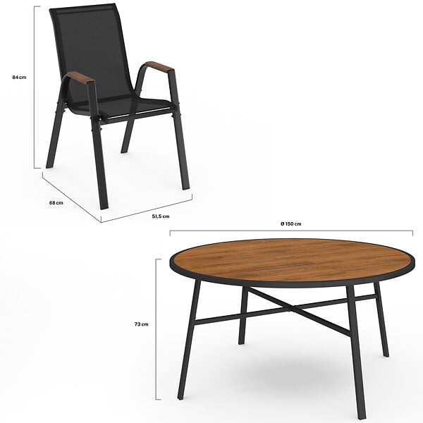 ID MARKET - Salon de jardin NOUMEA table ronde 150 cm plateau verre trempé effet bois et 8 chaises empilables noir et bois - large