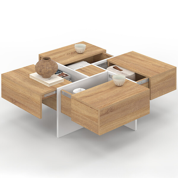 ID MARKET - Table basse carrée TALIA 70 cm avec tiroirs bois et blanc - large
