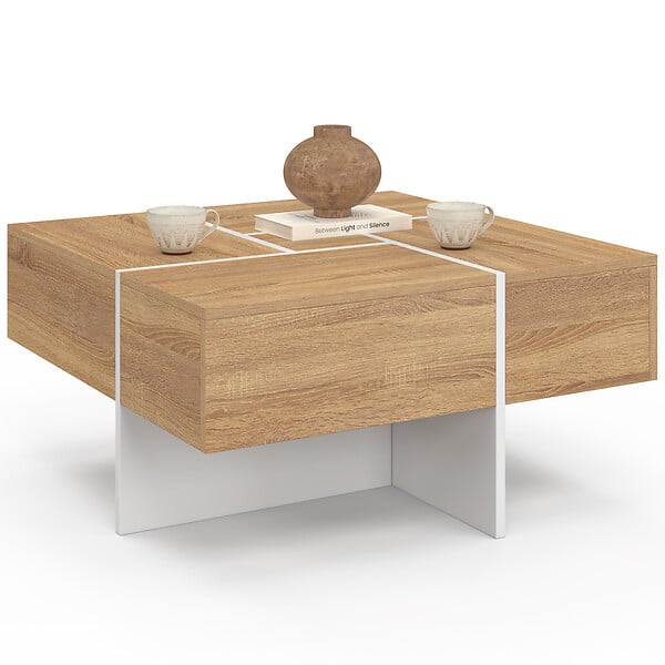 ID MARKET - Table basse carrée TALIA 70 cm avec tiroirs bois et blanc - large