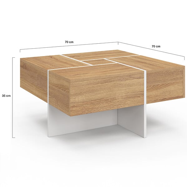 ID MARKET - Table basse carrée TALIA 70 cm avec tiroirs bois et blanc - large