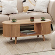 ID MARKET - Table basse ovale ROMIE 100 cm 2 portes coulissantes lattes tasseau bois coloris chêne - vignette