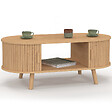 ID MARKET - Table basse ovale ROMIE 100 cm 2 portes coulissantes lattes tasseau bois coloris chêne - vignette