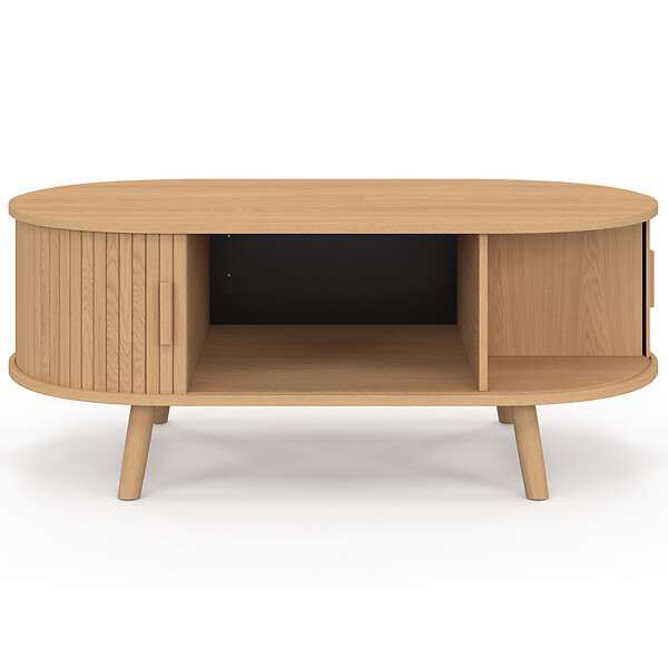 ID MARKET - Table basse ovale ROMIE 100 cm 2 portes coulissantes lattes tasseau bois coloris chêne - large