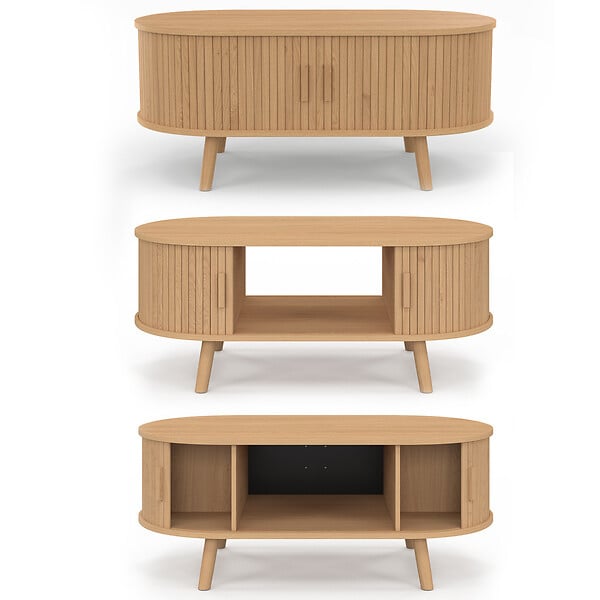 ID MARKET - Table basse ovale ROMIE 100 cm 2 portes coulissantes lattes tasseau bois coloris chêne - large