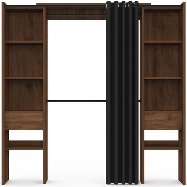 ID MARKET - Dressing extensible double MERYL 120/180 x 50 x 180 cm noyer avec étagères + double penderie + rideau noir - large