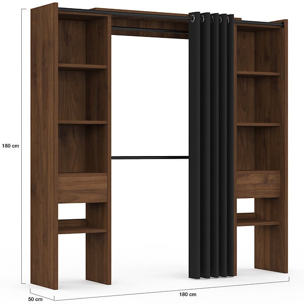 ID MARKET - Dressing extensible double MERYL 120/180 x 50 x 180 cm noyer avec étagères + double penderie + rideau noir - large