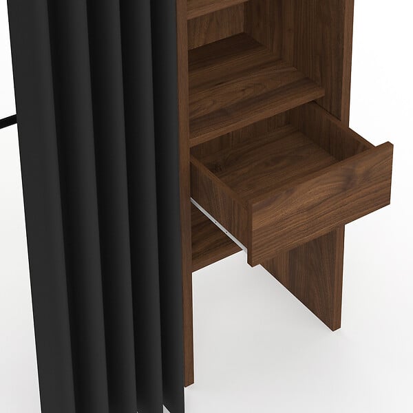 ID MARKET - Dressing extensible double MERYL 120/180 x 50 x 180 cm noyer avec étagères + double penderie + rideau noir - large