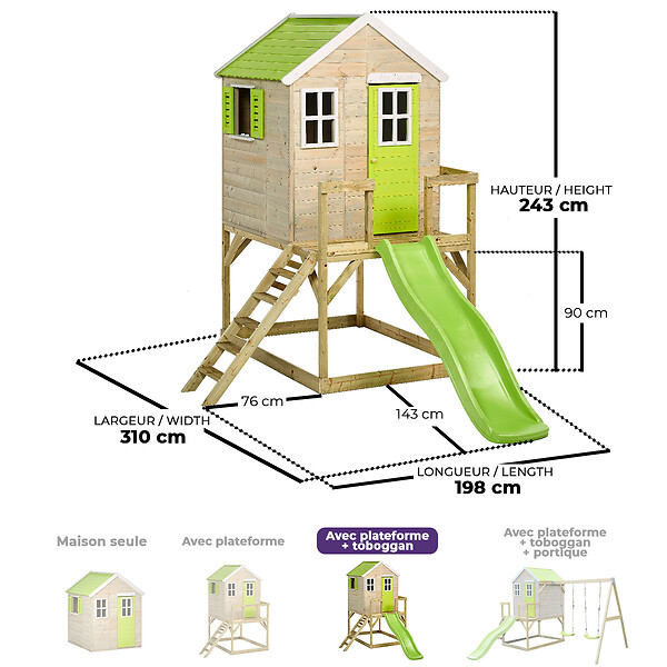 KANGUI - Maisonnette Enfant Extérieur en Bois TINNI avec Plateforme et Toboggan - large