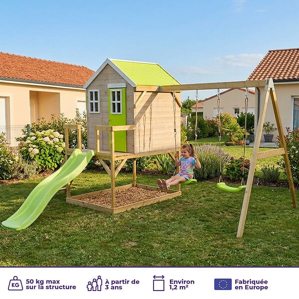 KANGUI - Maisonnette Enfant Extérieur en Bois TINNI avec Plateforme, Toboggan et double B - large