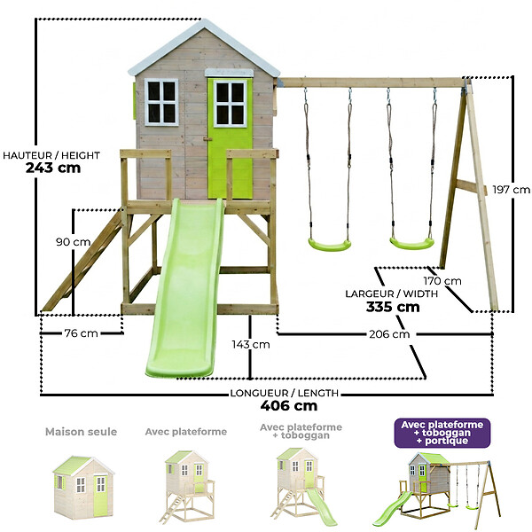 KANGUI - Maisonnette Enfant Extérieur en Bois TINNI avec Plateforme, Toboggan et double B - large