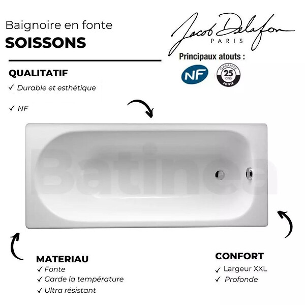 JACOB DELAFON - JACOB DELAFON Baignoire droite 170 X 70 Soissons fonte - large