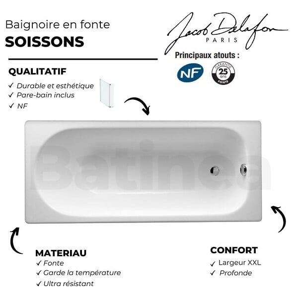 JACOB DELAFON - Baignoire droite JACOB DELAFON Soissons en fonte + pare bain | 170 X 70 - large