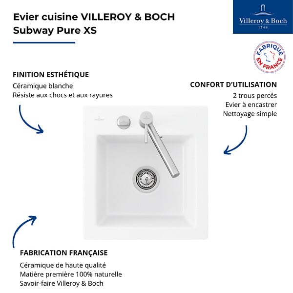 VILLEROY ET BOCH - Evier 1 bac sans egouttoir  Subway Pure XS 47,5 x 51 cm Blanc vidage automatique inclus - large
