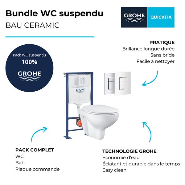 GROHE - Pack WC suspendu sans bride Bau ceramic + Bâti support Solido + abattant + plaque carré blanc alpin - large