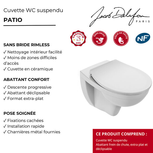 JACOB DELAFON - Cuvette WC suspendu sans bride Patio avec abattant extra-plat déclipsable - large