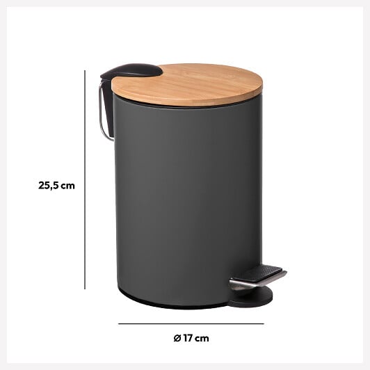 5 FIVE SIMPLY SMART - Poubelle de salle de bain en métal Gris et couvercle en Bambou 3 L - large