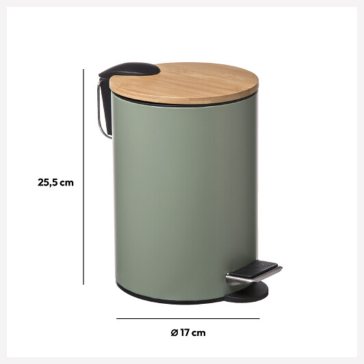 5 FIVE SIMPLY SMART - Poubelle de salle de bain en métal Vert Kaki et couvercle en Bambou 3 L - large
