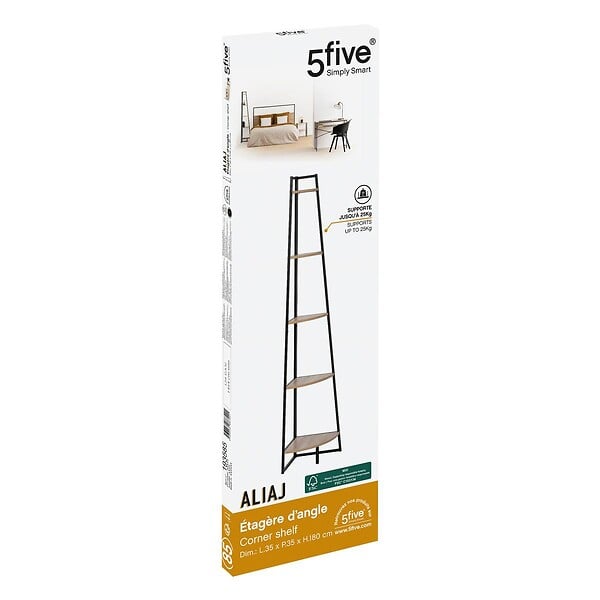 5 FIVE SIMPLY SMART - Meuble Étagère d'angle 5 niveaux Effet bois naturel et Métal noir H 180 cm - large