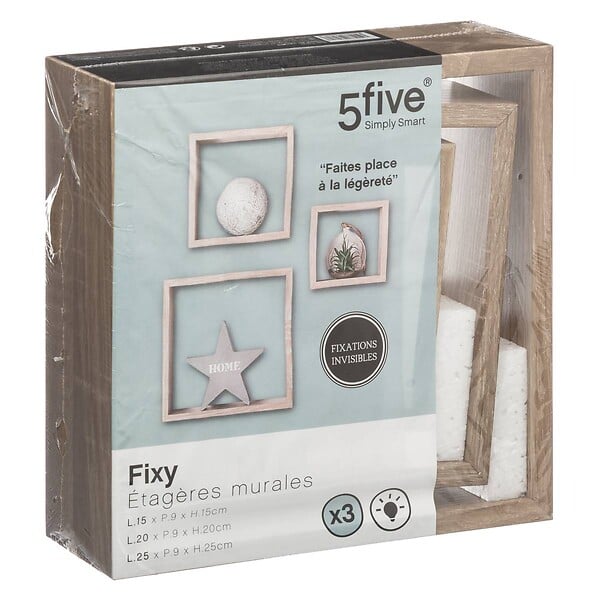 5 FIVE SIMPLY SMART - Lot de 3 Étagères murales flottantes Cubes coloris Chêne naturel Fixations invisibles - large