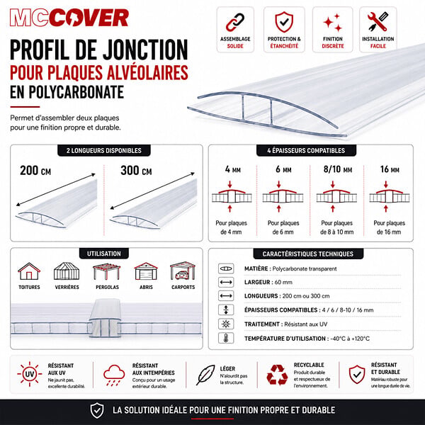 MCCOVER - Profil polycarbonate de jonction - ep.6 mm, L.200 cm - large