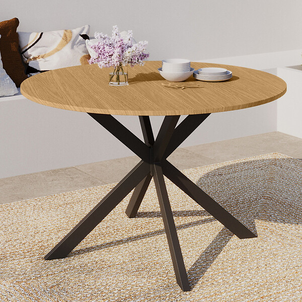 ID MARKET - Table de jardin ronde MESSINA 120 cm 6 personnes pied araignée plateau métal effet bois - large