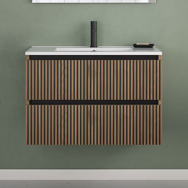 COSYNEO - Meuble de salle de bain 80cm simple vasque - 2 tiroirs - noyer (bois foncé) - VENERIA - large