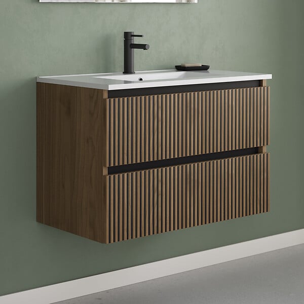 COSYNEO - Meuble de salle de bain 80cm simple vasque - 2 tiroirs - noyer (bois foncé) - VENERIA - large