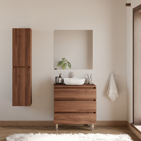 COSYNEO - Meuble de salle de bain 80cm avec plateau et vasque à poser arrondie - 3 tiroirs - noyer (bois foncé) - MAYOR - large