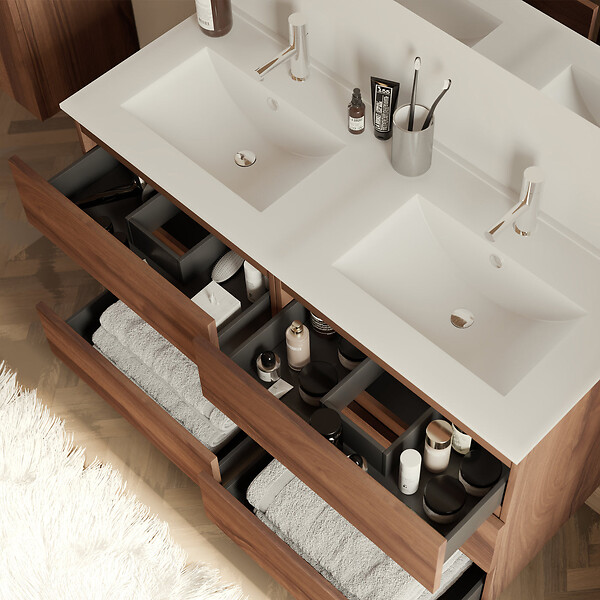 COSYNEO - Meuble de salle de bain 120cm double vasque - 6 tiroirs - sans miroir - noyer (bois foncé) - MAYOR - large