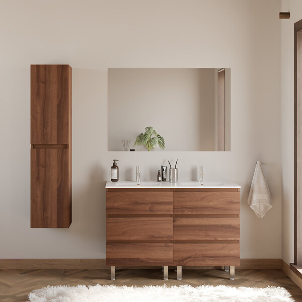 COSYNEO - Meuble de salle de bain 120cm double vasque - 6 tiroirs - sans miroir - noyer (bois foncé) - MAYOR - large