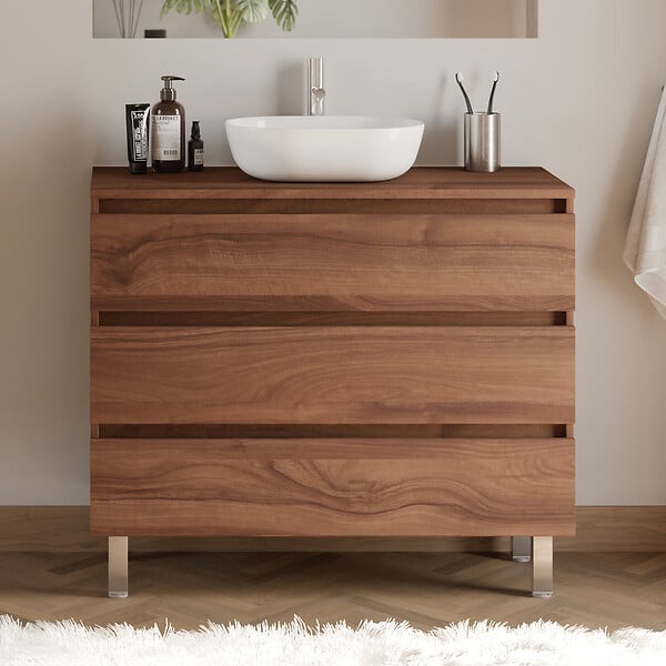 COSYNEO - Meuble de salle de bain 90cm avec plateau et vasque à poser arrondie - 3 tiroirs - noyer (bois foncé) - MAYOR - large