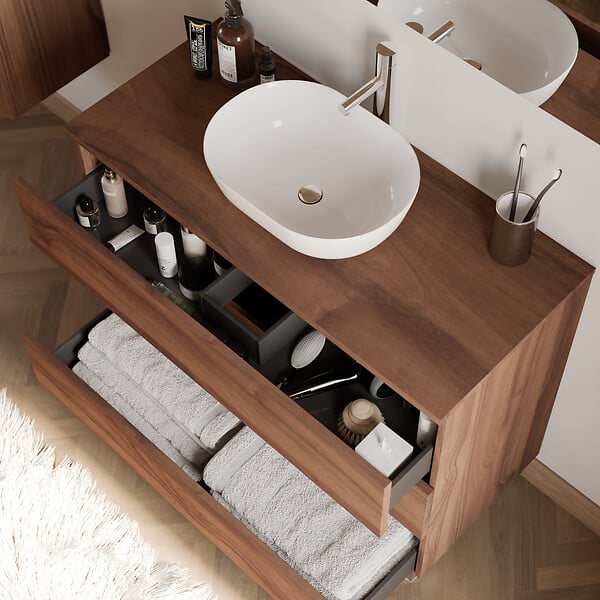 COSYNEO - Meuble de salle de bain 90cm avec plateau et vasque à poser arrondie - 3 tiroirs - noyer (bois foncé) - MAYOR - large