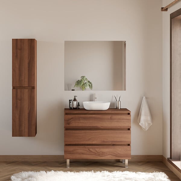 COSYNEO - Meuble de salle de bain 90cm avec plateau et vasque à poser arrondie - 3 tiroirs - noyer (bois foncé) - MAYOR - large