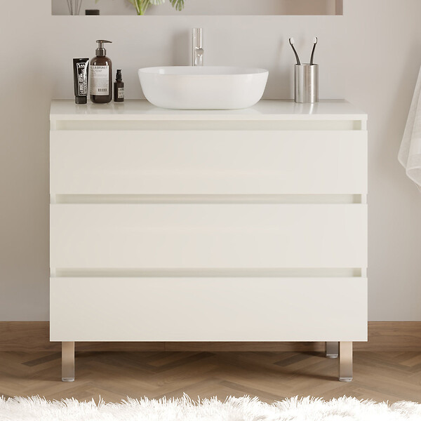 COSYNEO - Meuble de salle de bain 100cm avec plateau et vasque à poser arrondie - 3 tiroirs - blanc brillant - MAYOR - large