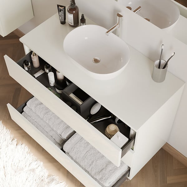 COSYNEO - Meuble de salle de bain 100cm avec plateau et vasque à poser arrondie - 3 tiroirs - blanc brillant - MAYOR - large