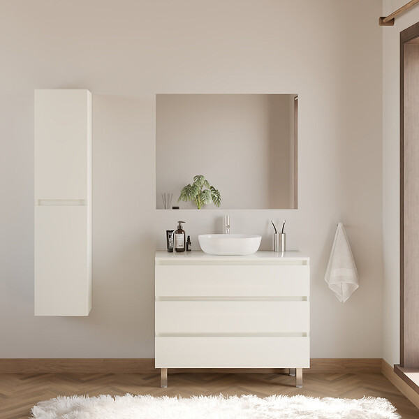 COSYNEO - Meuble de salle de bain 100cm avec plateau et vasque à poser arrondie - 3 tiroirs - blanc brillant - MAYOR - large