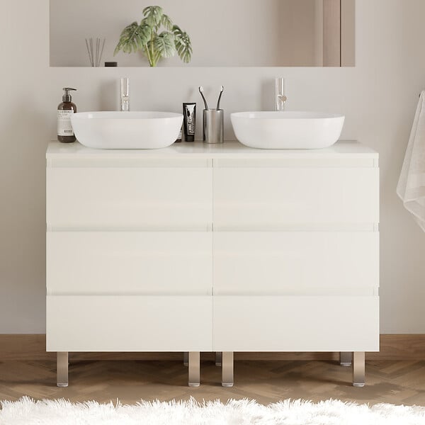 COSYNEO - Meuble de salle de bain 140cm avec plateau et 2 vasques à poser arrondies - 6 tiroirs - blanc brillant - MAYOR - large