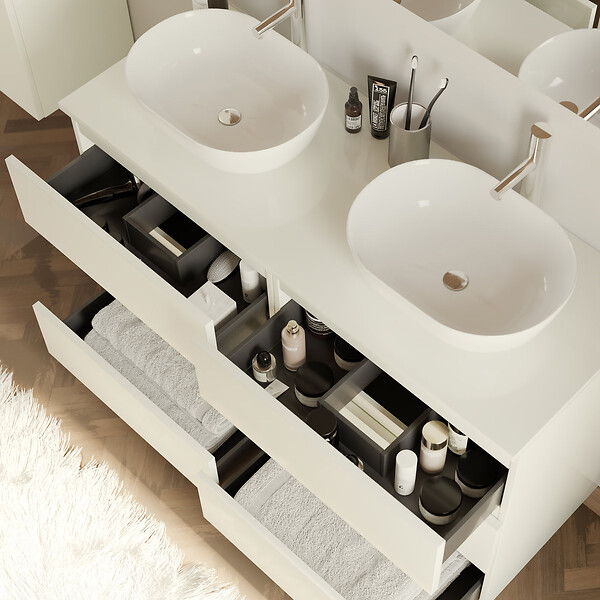 COSYNEO - Meuble de salle de bain 140cm avec plateau et 2 vasques à poser arrondies - 6 tiroirs - blanc brillant - MAYOR - large