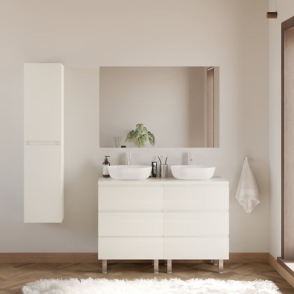 COSYNEO - Meuble de salle de bain 140cm avec plateau et 2 vasques à poser arrondies - 6 tiroirs - blanc brillant - MAYOR - large