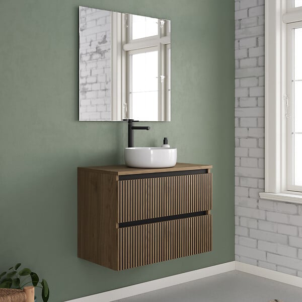 COSYNEO - Meuble de salle de bain 60cm avec plateau et vasque à poser ronde - 2 tiroirs - noyer (bois foncé) - VENERIA - large