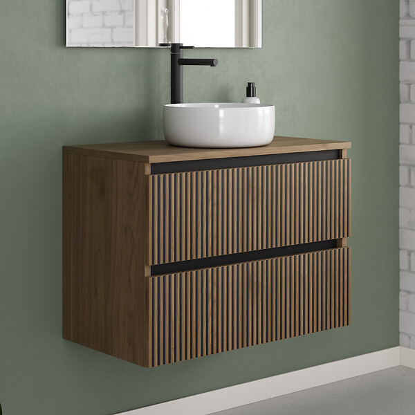 COSYNEO - Meuble de salle de bain 60cm avec plateau et vasque à poser ronde - 2 tiroirs - noyer (bois foncé) - VENERIA - large