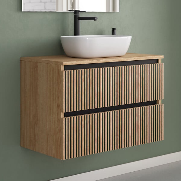 COSYNEO - Meuble de salle de bain 80cm avec plateau et vasque à poser arrondie - 2 tiroirs - sans miroir - roble era (chêne clair) - VENERIA - large