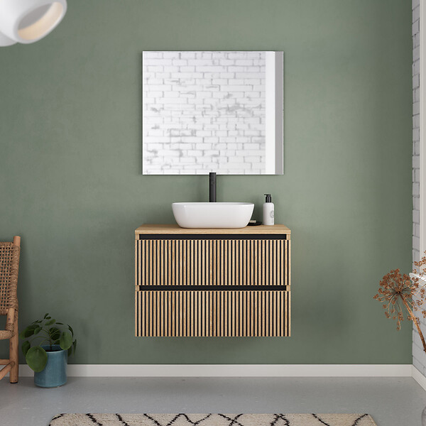 COSYNEO - Meuble de salle de bain 80cm avec plateau et vasque à poser arrondie - 2 tiroirs - sans miroir - roble era (chêne clair) - VENERIA - large