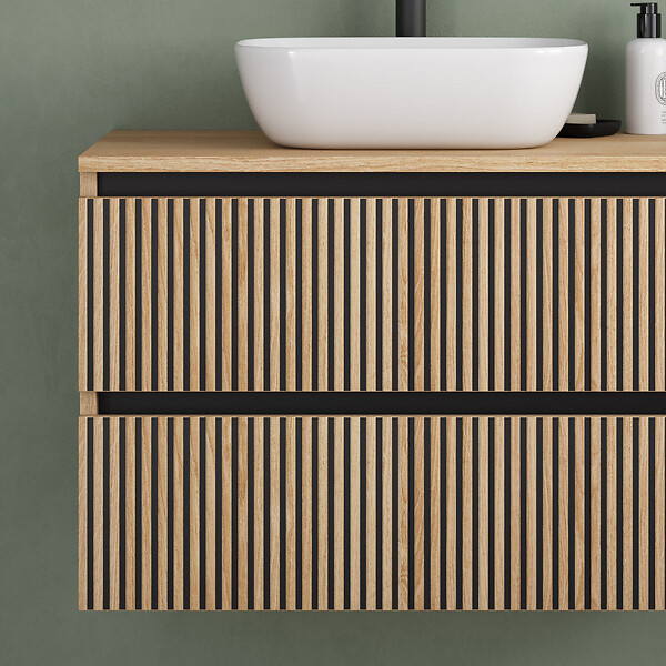 COSYNEO - Meuble de salle de bain 80cm avec plateau et vasque à poser arrondie - 2 tiroirs - sans miroir - roble era (chêne clair) - VENERIA - large