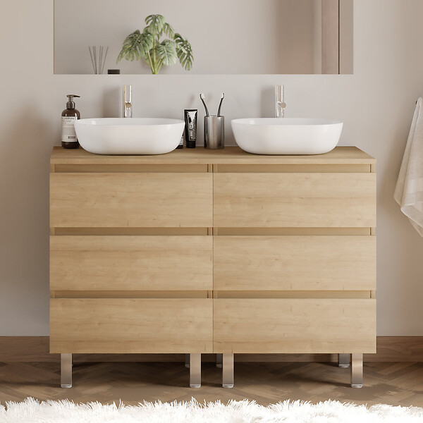 COSYNEO - Meuble de salle de bain 120cm avec plateau et 2 vasques à poser arrondies - 6 tiroirs - nebraska (chêne clair) - MAYOR - large